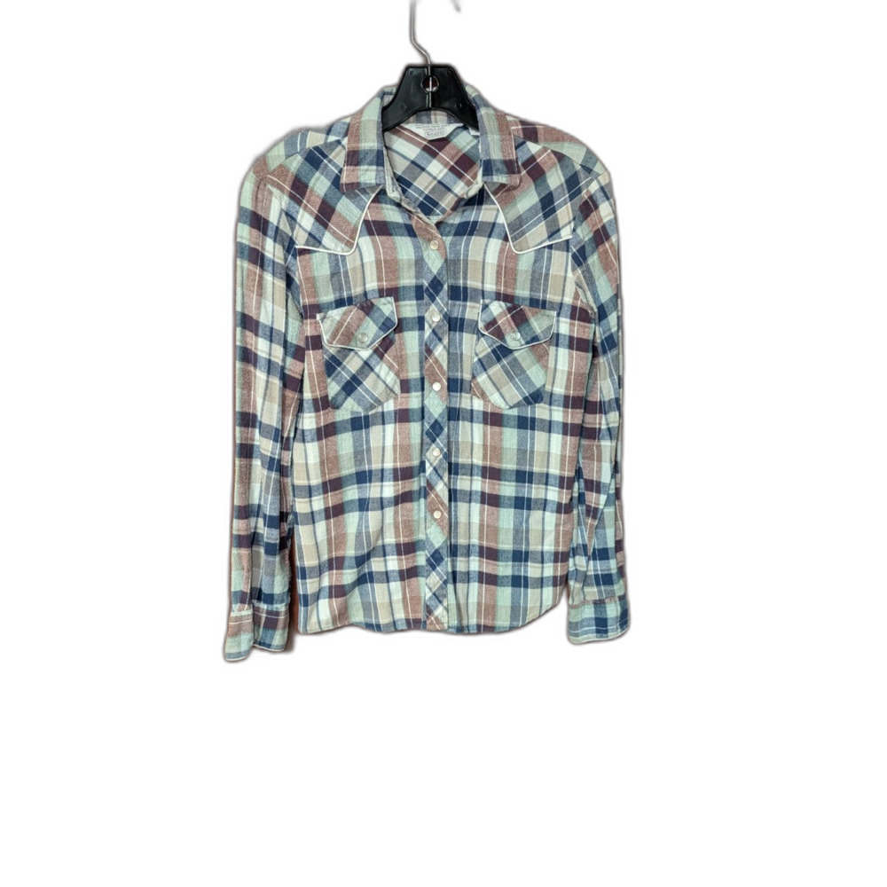 Vintage Sears Western Pearl Snap Plaid Flannel Shirt Size 10 Made Hong Kong